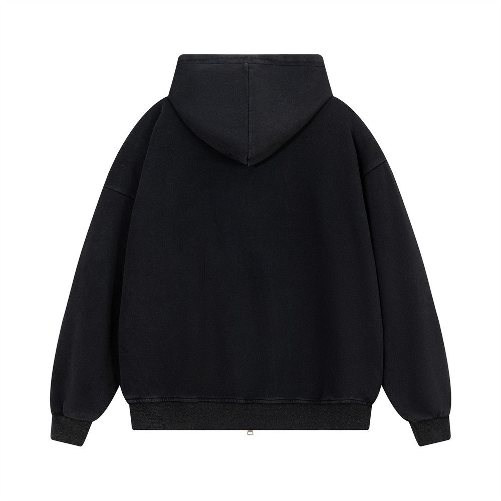 Printed washed hooded cardigan sweatshirt