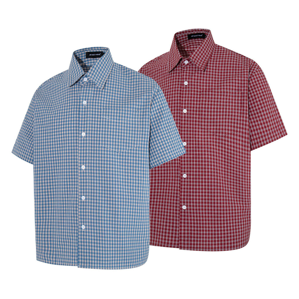 Blue and red checkered printed short sleeved shirt