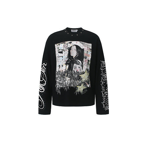 Streetwear Waffle Long Sleeve Studded Collar Graphic Print T-Shirt