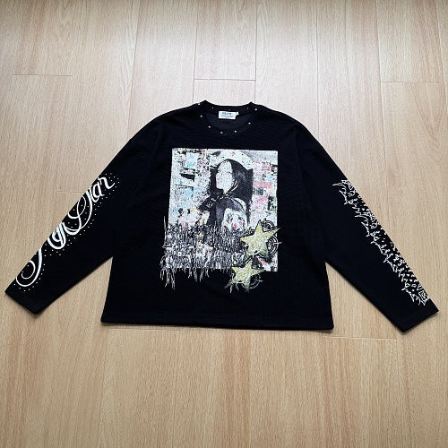 Streetwear Waffle Long Sleeve Studded Collar Graphic Print T-Shirt