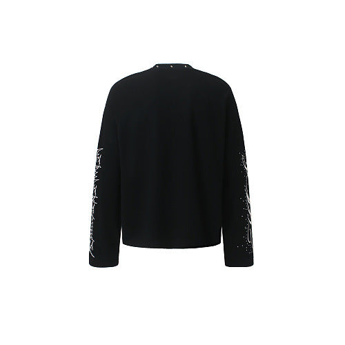Streetwear Waffle Long Sleeve Studded Collar Graphic Print T-Shirt