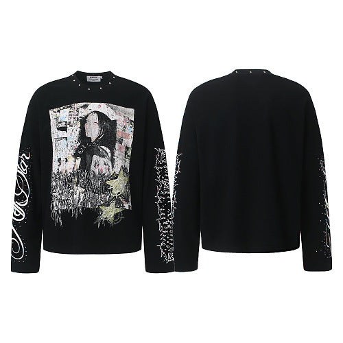 Streetwear Waffle Long Sleeve Studded Collar Graphic Print T-Shirt