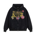 Printed washed hooded cardigan sweatshirt