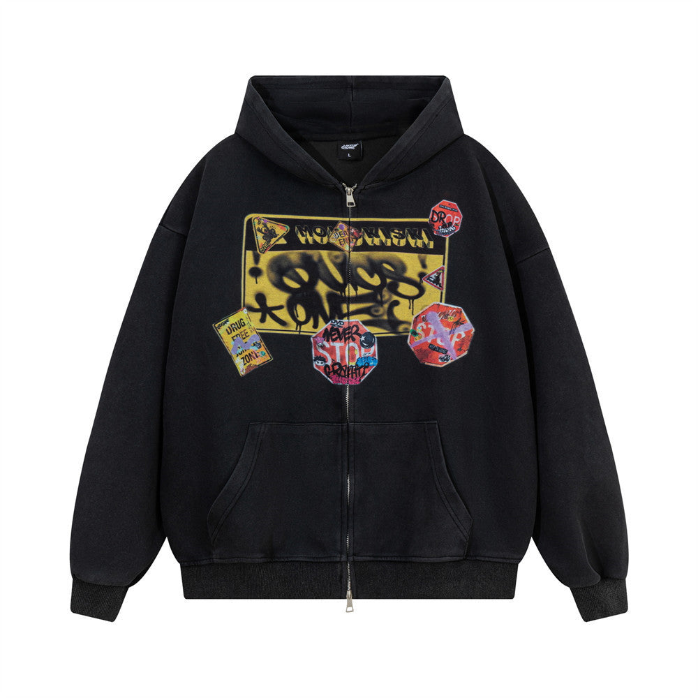 Printed washed hooded cardigan sweatshirt