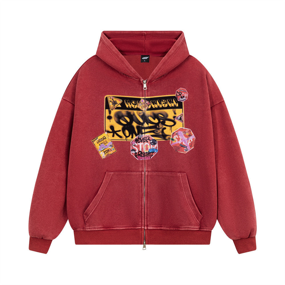 Printed washed hooded cardigan sweatshirt